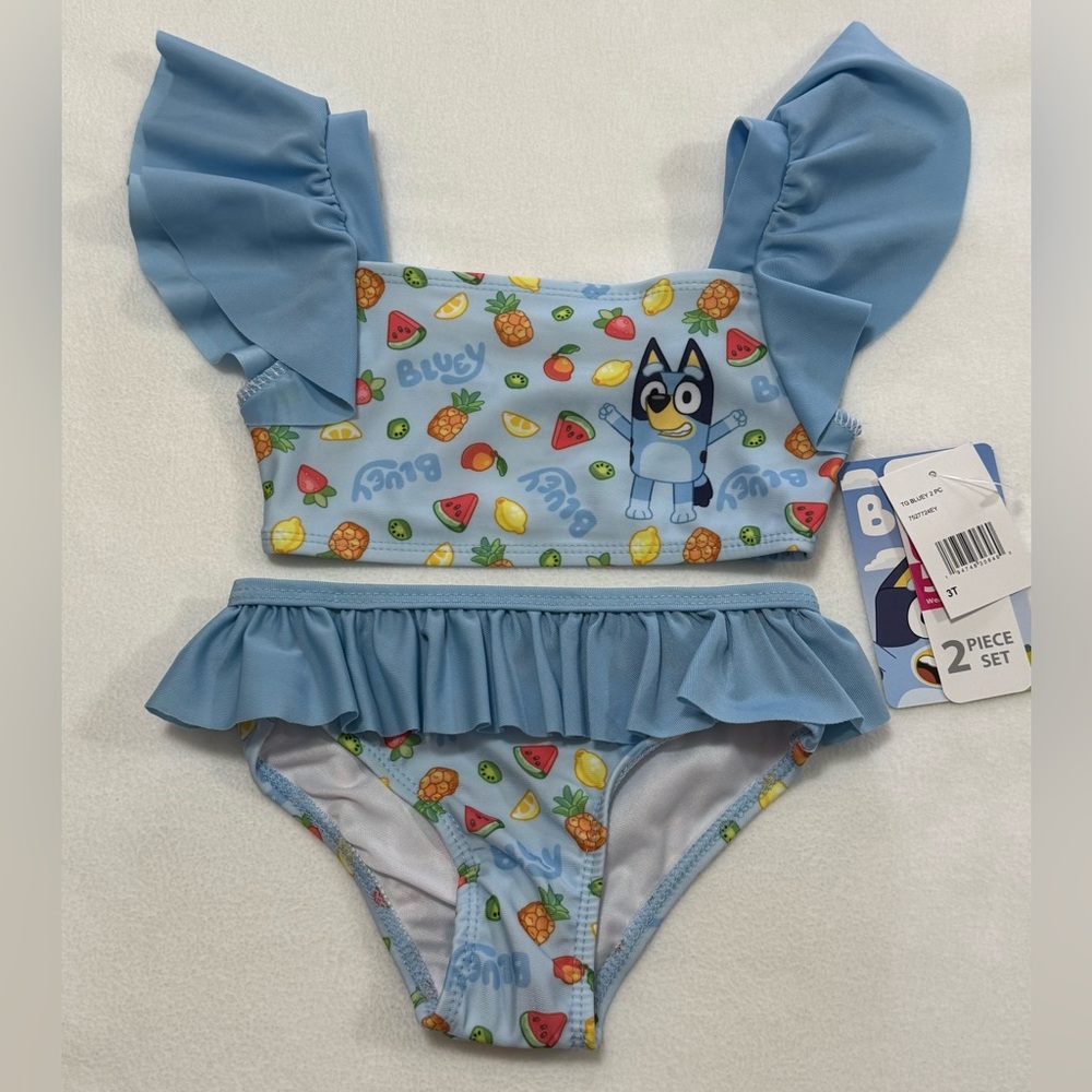 Bluey Toddler Girl (3T) Blue 2-Pc Swim Set  Fruit Motif Ruffles - NWT